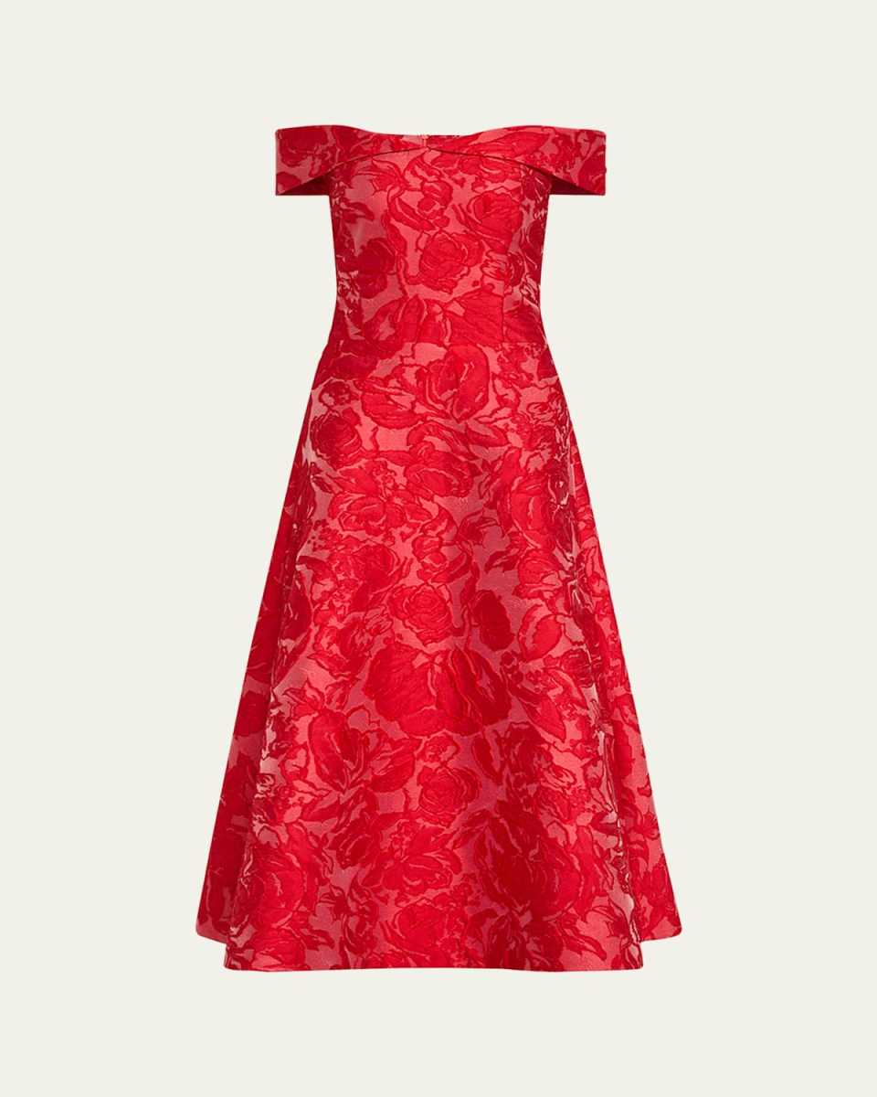 Off-Shoulder Floral Jacquard Midi Dress